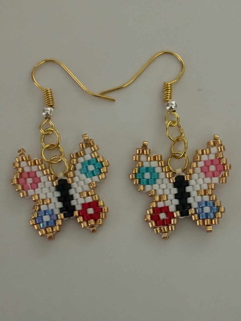 Handmade Beaded Butterfly Dangle Earrings - Gold Accent